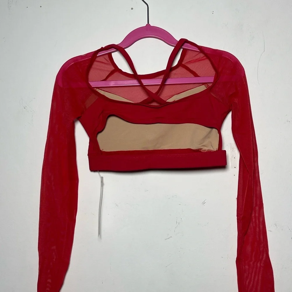 BalTogs Red Mesh Long Sleeve Crop Top Criss-Cross Back Dance activewear yoga